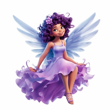 a beautiful smiling fairy sitting on a cloud, purple dress, big wings, full body image, pixar style, clipart, white background