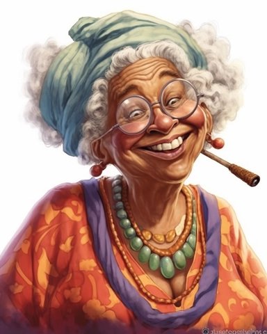 laughing funny Comic Book style Sassy hip African American Boho chic Grandma with long goddess braids puff puff pass Smoking a cuban cigar with smoke on the end tip of big blunt clipart