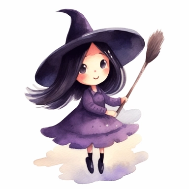 Mona the little witch, a little witch character, flying while riding a broom, watercolor children's book illustration style clipart, simple, cute, full colour, purple witch hat, dark purplish hooded dress, black shoes, dark purplish clothes, long black hair, flat colour,