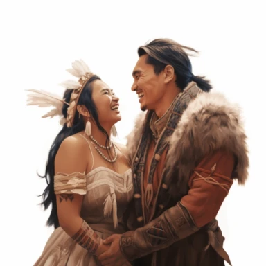 Indigenous bride and Asian groom, sharing a laughter-filled moment during their wedding ceremony, embracing the joy of their special day, earthy tones, Pixar style, Clipart on a white background.