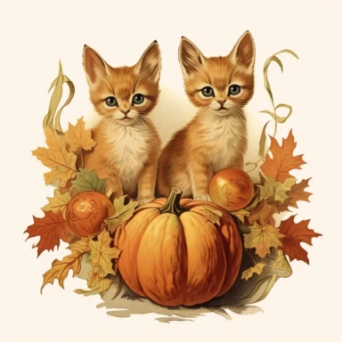 autumn themed abyssinian kittens, vintage clip art