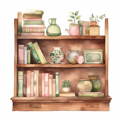 letter, book shelves, clook alarm, clipart, Watercolor effect, pink, brown, and green fabric texture with watercolor effects, Ultra Quality, clipart on a white background, Ultra Realistic, very detailed 4k, 8k, Cozy pink, brown, and green in Dior style, Bright, realistically drawn watercolor by Edith Holden, clipart on a white background, 8K HD –ar 3:2