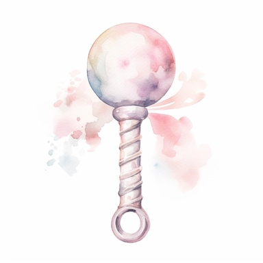 cute watercolor newborn soft pink baby rattle, watercolor effect, isolated white background, babyshower clipart, soft pink tones
