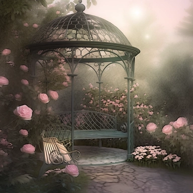 deep colors, fantasy rose evening garden with antique wrought iron bench and gazebo, soft pink and green and khaki colors, romantic, illustration clipart style, thomas kinkade style, shabby chic, ethereal, fantasy, 8k, photo realistic, sharp focus, high precise detail, transparent background, (--iw 15)