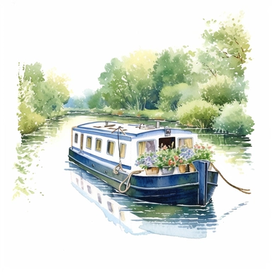 watercolour, pretty canal boat, detailed, summer time, clipart, white background