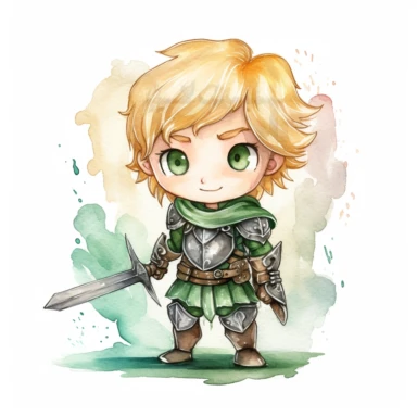 Clipart of a cute little brave warrior. He is blonde with green eyes. The background is watercolour and sparkly. Cute and modern knight outfit. full body