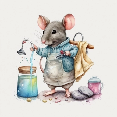 clipart watercolor realistic cute mouse dressed like a human is doing house chores