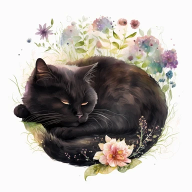 Cute Beautiful Lazy Black Cat Sleeping On Flower Watercolor Sublimation Clipart,Cartoon,hyper realistic, intricate detail, illustration style,high solution,on the white background