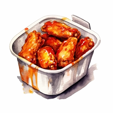 watercolour container with chicken wings, clipart on white background, no watermark, highly detailed, professional color gradation, clean sharpness