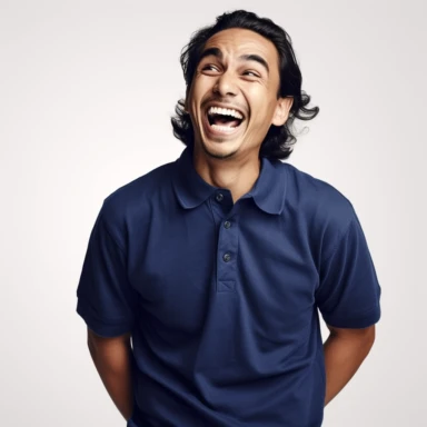 photo-realistic Hispanic man man, age 25, wearing a royal blue polo shirt, laughing at a very funny joke, waist level showing on white background for vector clipart