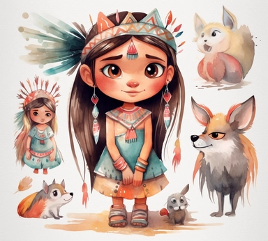 cute adorable little Native American princess character watercolor clipart, full body, disney, pixar