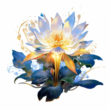 PIERCING snow lotus banana oak tree, oak white fire BLUE flame, light, golden sun, mighty flowers, pristine, sparkling, white flame, fire light mega epic flowers of epicness, cool and spiky, owning everything, floral art, no background, beautiful, no text, clipart, watercolor
