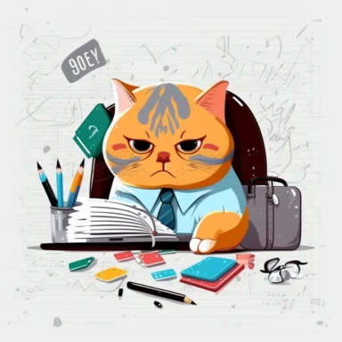 cute cat suffering from heavy workload, business context for human resources, vector graphics, clipart, white background