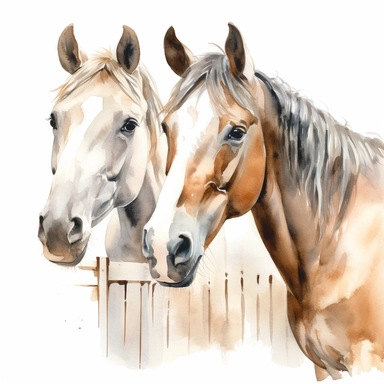 close up view of a. realistic watercolor drawing of horses on a charming farm in France, on a white background where the background will be removed to repurpose as a clipart.