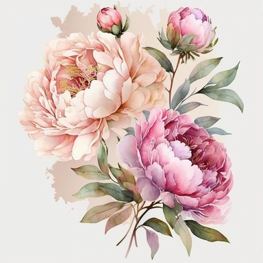 watercolor pink peonies, clipart, white background, in the style of vividly bold designs, bold colors, lovely, lush detailing, bright luster, no text