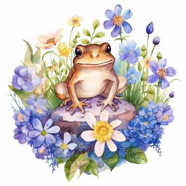a clip art of a cute frog surrounded by wild flowers watercolored