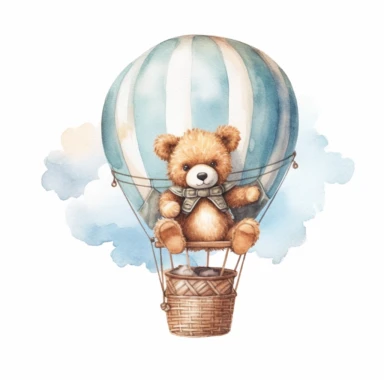 cute Teddy Bear sitting on top of a hot air balloon in the clouds, clipart, watercolor, white background