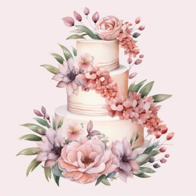 wedding cake, wedding decor, flowers, cliparts, pastel colors, watercolor style, no background
