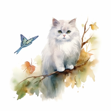 A persian cat and a little bird sitting proudly on a tree branch, with a few butterflies flying, looking off into the camera, with a few leaves framing the scene, watercolor by Liu Yi, clipart, solid background, 8k