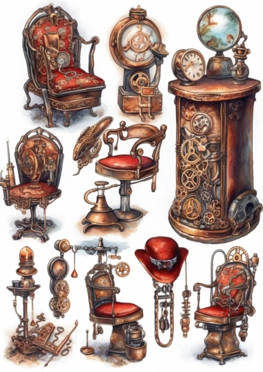 watercolor steampunk mechanical tools clipart set like mirror, lipstick, hat, chair, jewels, highly detailed ,clipart, hd, on white background, spaced out