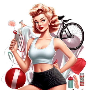 beautiful pretty pin up woman, makeup and hair 50's style, diferent workout poses,with gym clothes and gym stuff 50's style, paint art style, detail, clipart, white background, superrealistic, one of a kind