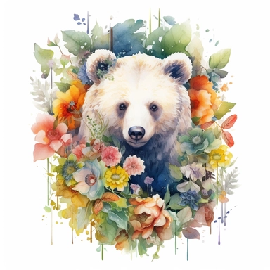 watercolor, hyper realistic, white background, white margins, 16k, ultra detailed clipart, cut out image, hand-drawn a bear surrounded by flowers and plants, in the style of rainbowcore, minimalist brush work, depictions of animals, lith printing, light amber and green, playful use of negative space, children's book illustrations