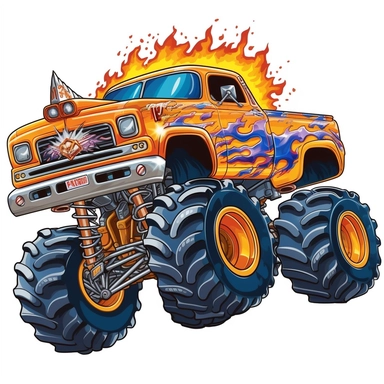 cartoon monster truck clipart isolated on a white background flames coming out of the back