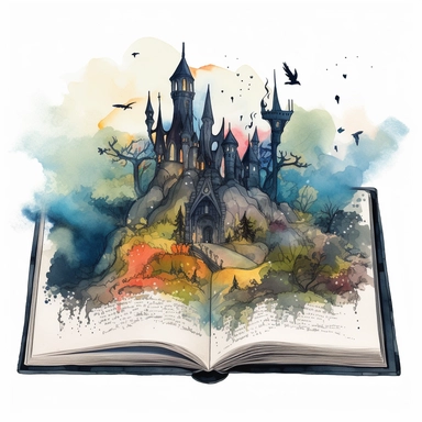 a big opened Fantasy Book Laying there with a heroic gothic and dark mystically themed scenery immerging out of the pages. The Scenery is featuring a castle, magical creatures and objects. It is drawn in a mesmerizing clear lined simple watercolor illustration style by Valentina Verlato using bold and saturated colors. It is a png clipart on a white background, it should be easy to cutout and remove the background from, so only use saturated colors around the edges of the clipart. The compositio