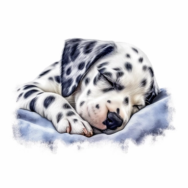 Clipart, watercolor, white background: A baby Dalmatian napping with its paws tucked under, showcasing its adorable and peaceful sleep.