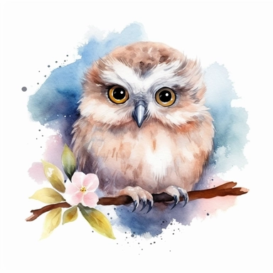 Watercolor summer baby owl dreaming clipart, isolated, white background