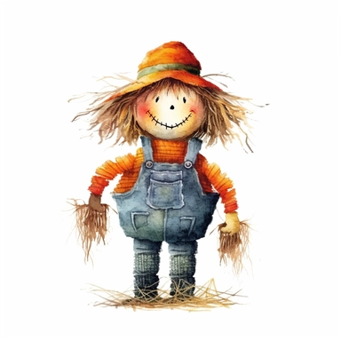 Halloween scarecrow, full color, knitted painting texture, Perfect for nursery art and children's book illustration style, simple, cute, full color, clipart, watercolor illustration, single object, high definition 8k,white background for removing background - - no text shadow font watermark