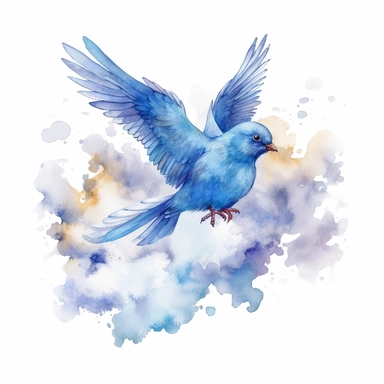 Clipart, watercolor, white background: Two blue birds playfully chasing each other amidst a cluster of fluffy white clouds.