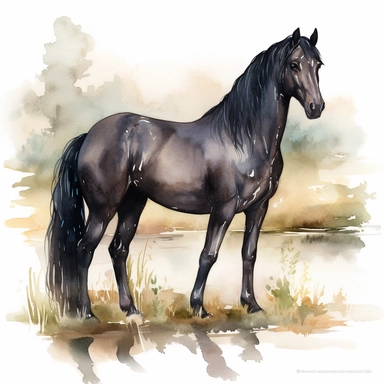 A clipart depicting a majestic black horse sitting on the ground and in a graceful pose on white background. The horse's body is elegantly curved to emphasize its beauty and grace. It may be standing on a slight hill or in an idyllic landscape. The water colors give the clipart a soft and flowing look. The colors can be soft and pastel to create a calm atmosphere. Use different shades of blue for the background to create a natural water or sky look. The contours of the horse are subtle and well 