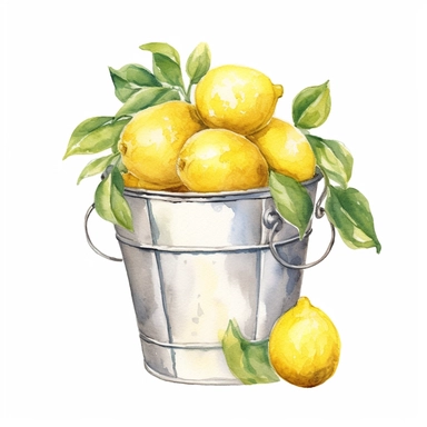 watercolor lemons in a metal bucket clipart, hd, on white background, spaced out –ar3:2 –s 1000