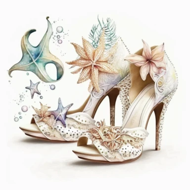 Boho nautical style, wedding bridal heels, seastar, seashell, fantasy, white background, watercolor, hyperrealism, high detail, separate elements, set, clipart