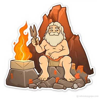 Sticker Clip Art of Hephaestus forging, Volcano, God Smith, ancient greece, children friendly, illustrated in a playful style with a friendly expression, perfect for any special occasion, cut out in the shape of Hephaestus and his Forge, Fire, with no visible background, giving it the appearance of a high quality sticker, conveying a mystical and whimsical mood, edited with Adobe Photoshop to adjust brightness and contrast, rendered as a transparent PNG file with a high resolution to ensure a cr