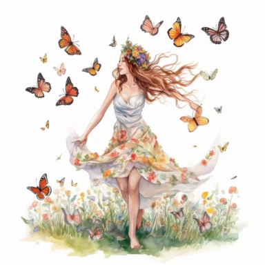 watercolor, hyper realistic, white background, white margins, 16k, ultra detailed clipart, cut out image, hand-drawn, whimsical a lady with a flower crown, twirling in a meadow as butterflies flutter around her in a whimsical dance