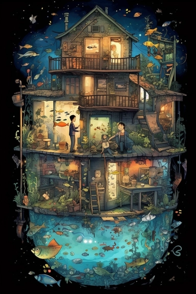 father and son fishing, from multi decker house surrounded by water full of fish, peaceful night theme with its own habitats (flowers and plants) made into a heart-shape vintage in watercolor style clipart, use darker tones, higher saturation colors, Banksy artstyle with minimal effects, super creative watercolor, completely black background