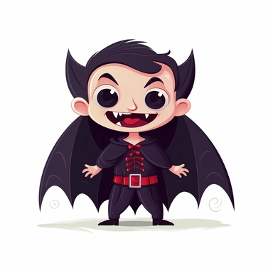 Adorable vampire with a cape and fangs, white background, cartoon clipart