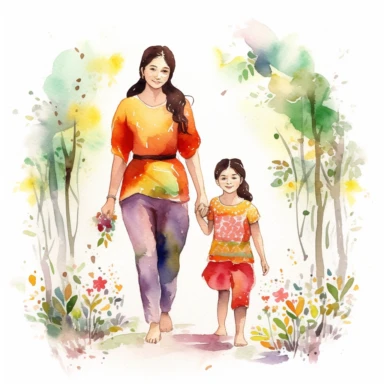 Watercolour illustration, A beautifu mexican Mom and Me Watercolor, Clipart, High Res, Mother's Day, Mother's Love, waterpaint, fresh colors, happy, white backgroundm, simplified Art Nouveau, walking, enchanted forest, front to camera, version 4 style, high detailed, sharp