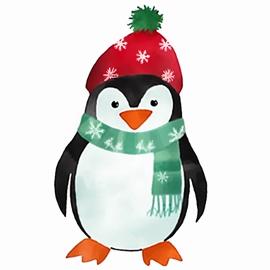 simplified clipart of christmas penguin, simple shapes, no watermark, no lines, no outlines, clipart, featured on dribble, cartoon, minimalist, computer vector graphic design clip art, watercolor illustration clipart, watercolour clipart, watercolor illlustration for kids and children, book illustration, print on demand image, PNG tranparent background