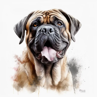 cute Alentejo Mastiff dog portrait, full face, centered shot, side shot, dynamically posed, in action, playful mood, happy mood, playing mood, cute face, adorable smile, childlike eyes, clean watercolor illustration, white background, nursery baby imagery, painting, detailed, 8k, PNG, clipart,