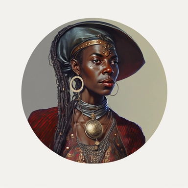 regency African female elf elven noble guild merchant politician, Josh Kirby Mad Max Lord of the Rings, handpainted enamel punk zine indie retrowave, clipart illustration character portrait, circle white background