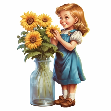 a single clipart image png graphic of a Realistic Painting Clipart Kids with Flower Vase Full BodyPNG Illustration