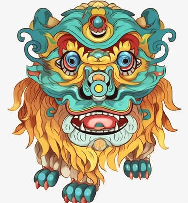 lion face of animal chinese lion animal lions drawing, chinese lion png clipart, in the style of gary baseman, dark yellow and teal, collaged symbolism, indonesian art, polychrome sculpture, light brown and sky-blue, cartoon mis-en-scene