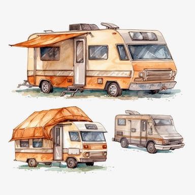 watercolor, different camping caravan transportation Travel car with a tent for outdoor summer active leisure isolated. RV camper, motorhome, van, camp trailer, automobile png Full body realistic cartoon in 32K UHD cute. 15 cm thick outline. Black color. There was no shadow on the ground. 8k with realistic watercolors and detailed illustrations. PNG clipart, transparent white background