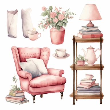 Watercolor Cozy Reading Corner Clipart Bundle, light pink and white, Accent pieces, Lamp, Curtains, Plants, Cushions Book Nook PNG Files, Floral Book Nook clipart, book clipart, reading clipart, commercial use