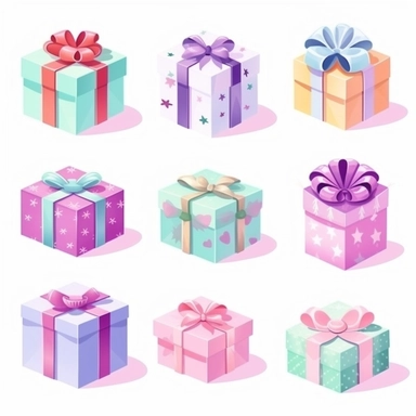 Set of gift box clipart, gift clipart, pastel color, minimal, white background for remover