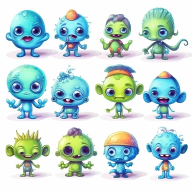 cute little aliens, clipart style