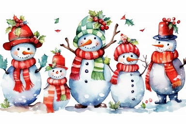 colorful christmas snowmen clip art vector design illustration 1px, in the style of magical, aquarellist, magewave, instax, spectacular backdrops, red and emerald, magnified ornamentation